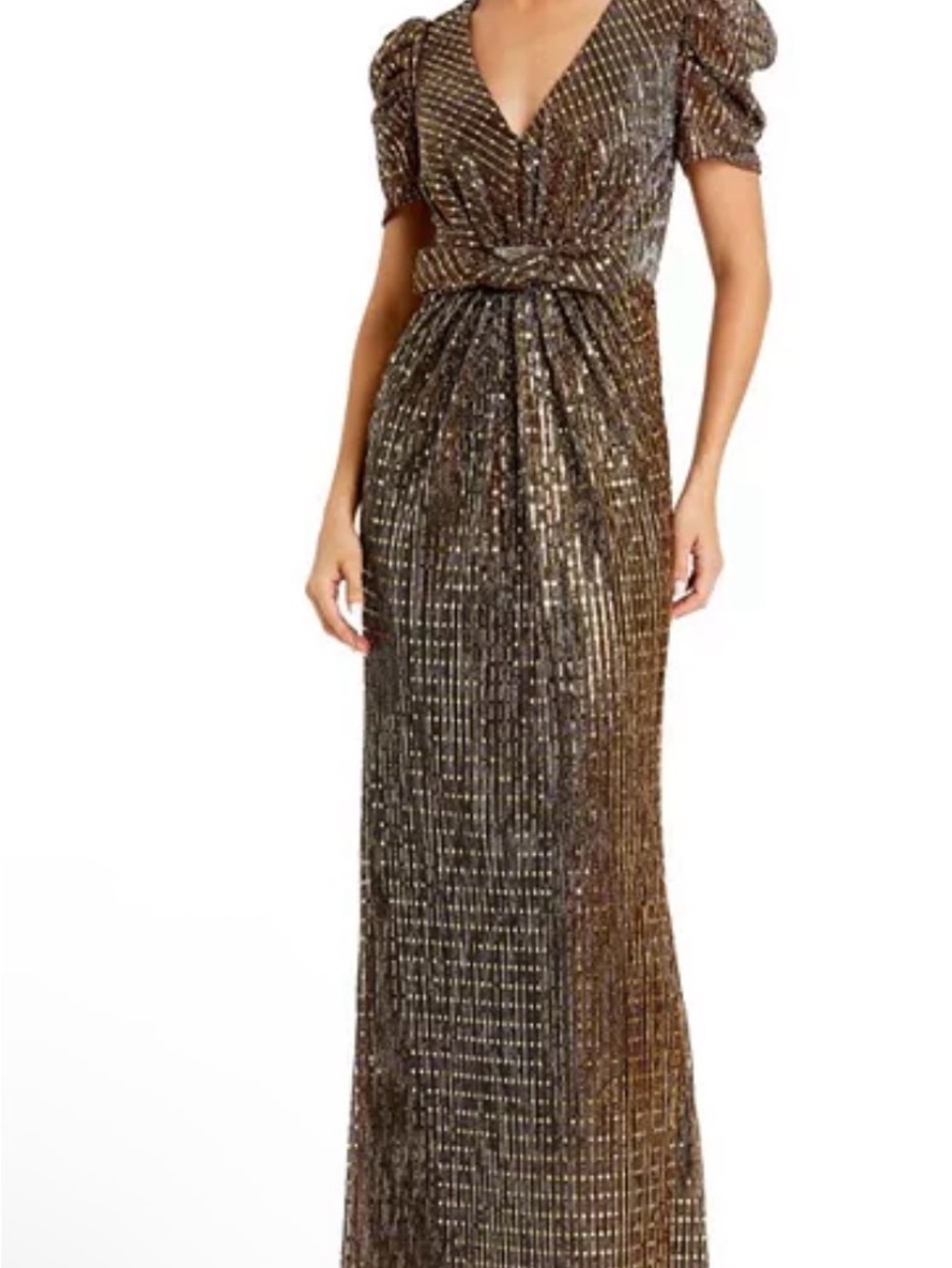 Mac Duggal Metallic Bronze Maxi Gown with Puff Sleeves